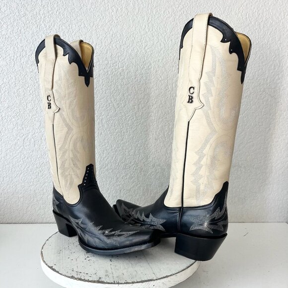 Rod Patrick Womens Cowboy Boots 8C Black Ivory Western Cowgirl Tall Pointed Toe - Picture 1 of 14